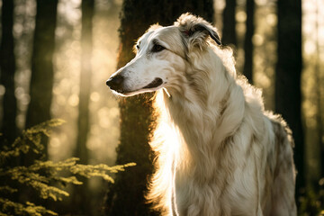Borzoi dog portrait on a sunny day in the forrest