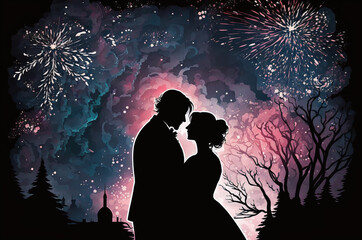 A silhouette of a bride and groom with fireworks in the background 