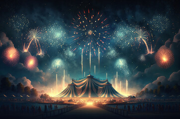 Circus tent with fireworks in the sky  - obrazy, fototapety, plakaty