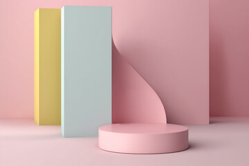 Podium, pink pastel background, platform, geometric composition, abstract template, blank pedestal. Minimal style for product branding. Empty space, mock up. Image is AI generated.