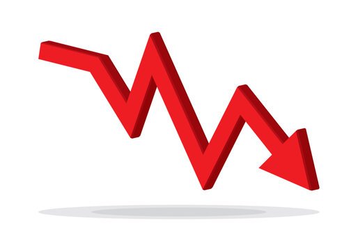 Red 3d arrow going down stock icon on white background. Bankruptcy, financial market crash icon for your web site design, logo, app, UI. graph chart downtrend symbol.chart going down sign.