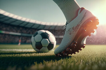 Feet of a soccer player playing soccer in a stadium. Generative AI