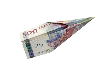 Money plane. Cash Swedish krona banknote folded into airplane isolated on white background. Express money transfer or bank payment. Travel cost in Sweden.