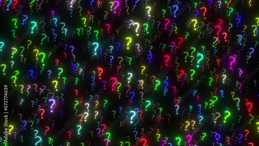 Poster multiple color question mark. question mark background. flying glowing , lots of question mark movin