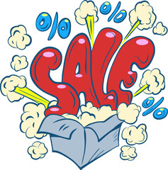 A red inscription sale with special effects explodes from a gray box. Announcement of explosive promotions, offers, discounts.