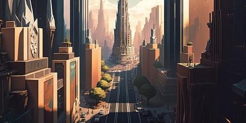 bustling cityscape filled with tall skyscrapers crisscrossing roads and mix of residential and commercial buildings, concept of Urbanization and Density, created with Generative AI technology