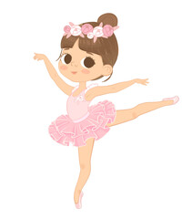 Cute Brown Hair Ballerina Girl Dancing. Little Ballerina in a Pink Tutu Dress and Rose Flowers Wreath. Vector, Adorable Girl in a pink dress. Isolated - 572775848