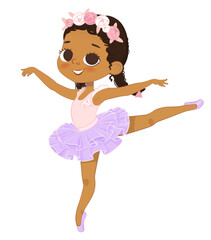 Cute Black Girl Ballerina Dancing. Little Ballerina in a Liliac Tutu Dress and Rose Flowers Wreath. Vector, Adorable African American Girl in a violet dress. Isolated