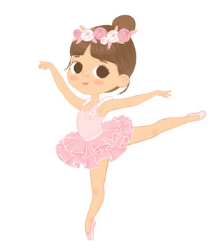 Cute Brown Hair Ballerina Girl Dancing. Little Ballerina in a Pink Tutu Dress and Rose Flowers Wreath. Vector, Adorable Girl in a pink dress. Isolated