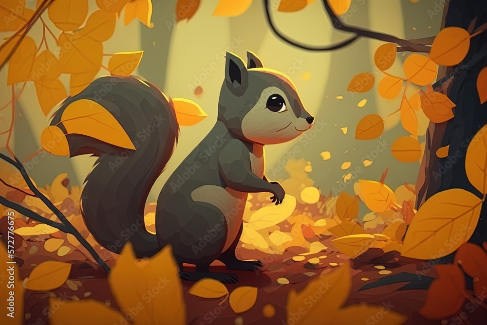 Poster blurred backdrop closeup of a squirrel between yellow foliage. generative ai