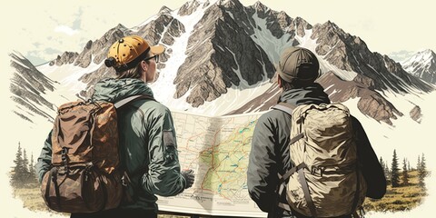 two hikers looking at map deciding where to go in mountains, concept of Navigation and Orienteering, created with Generative AI technology