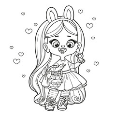Cute cartoon long haired  girl with bunny ears and basket hold a chicken in hand outlined for coloring page on white background
