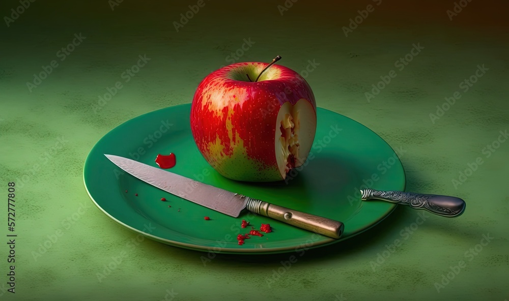 Sticker  a knife and an apple on a plate with a knife.  generative ai