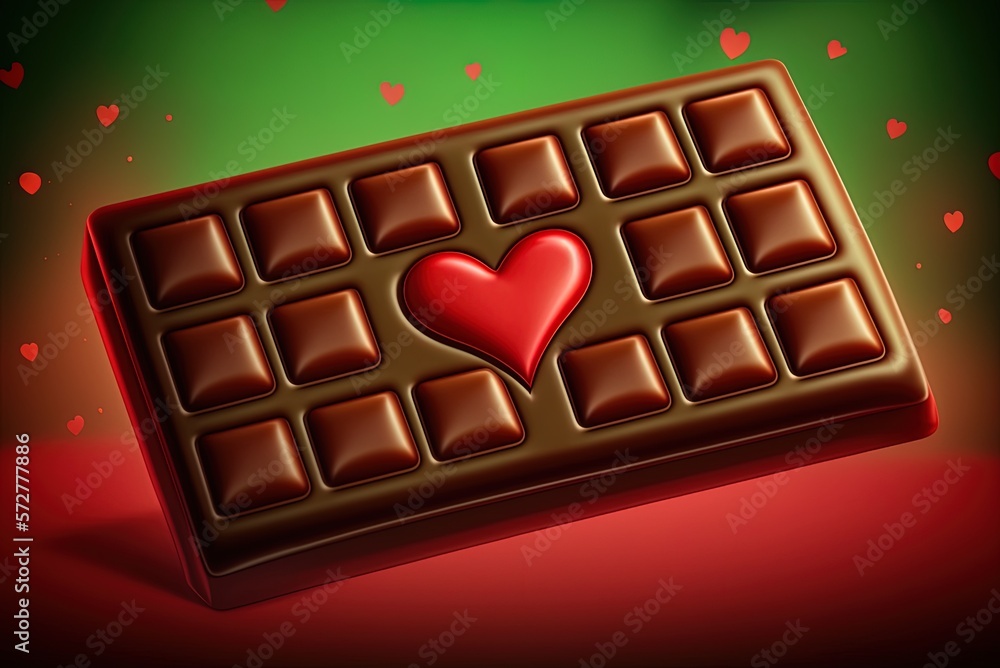 Poster image of a heart-shaped candy bar covered in red squares, isolated on a green bokeh backdrop generat