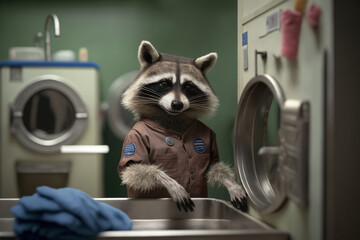A raccoon in a female uniform works in a laundry, concept of clean clothes and Humor, created with Generative AI technology - obrazy, fototapety, plakaty