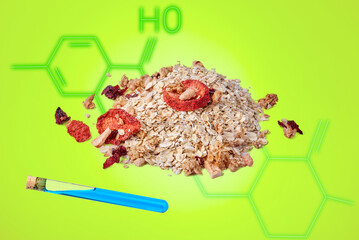 A heap of oatmeal and dried fruits against the background of a fictitious non-existing chemical...