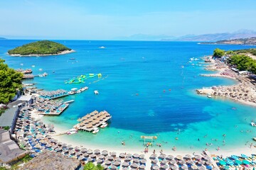 Ksamil beaches. Four islands. The bay. The Tetran Archipelago. Ksamil. Albania. Drone shooting. Aerial photography
