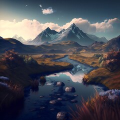 lake in the mountains at sunset generative ai	