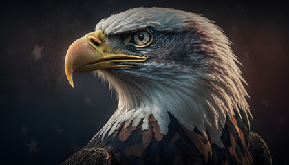Fototapeta premium Bald eagle on american flag background created with generative AI technology