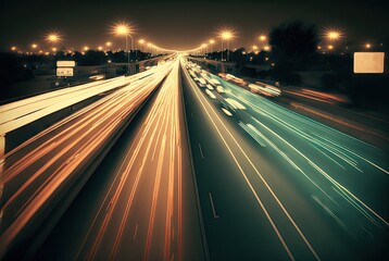 Speed Light Trails on City Streets, Street Night Lights, Road Glow, Abstract Generative AI Illustration