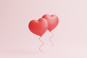 Two red heart shaped balloons isolated on a pink background. Valentine's day concept. 3d render illustration