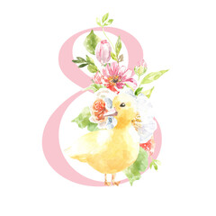 Watercolor Easter numbers, digit 8. Cute baby duck spring illustration, floral composition with peony, rose, spring greenery.  Botanical table numbers, wedding stationery card, save the date, rsvp,