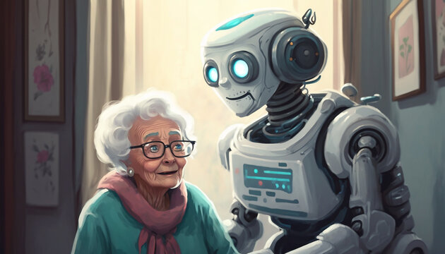 Social humanoid robot assisting an elderly woman. Ideal for use in technology, geriatric care, or future concepts. Digital painting made with generative AI.
