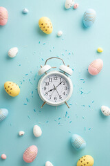 Fototapeta na wymiar Easter concept. Top view vertical photo of alarm clock colorful easter eggs and sprinkles on isolated pastel blue background