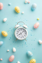 Easter concept. Top view vertical photo of alarm clock colorful easter eggs and sprinkles on isolated pastel blue background