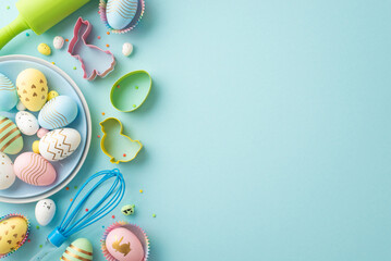 Easter celebration concept. Top view photo of dish with colorful easter eggs kitchen utensils rolling-pin whisk paper baking molds and sprinkles on isolated pastel blue background with copyspace