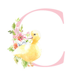 Watercolor Easter floral alphabet, cute duck spring letter C, flower bouquet illustration with peony, roses, spring greenery. Botanical monogram initials wedding stationery card, save the date, rsvp