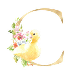 Watercolor Easter floral alphabet, cute duck spring letter C, flower bouquet illustration with peony, roses, spring greenery. Botanical monogram initials wedding stationery card, save the date, rsvp