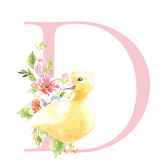 Watercolor Easter floral alphabet, cute duck spring letter D, flower bouquet illustration with peony, roses, spring greenery. Botanical monogram initials wedding stationery card, save the date, rsvp