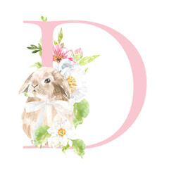 Watercolor Easter floral alphabet, cute bunny spring letter D, flower bouquet illustration with peony, roses, spring greenery. Botanical monogram initials wedding stationery card, save the date, rsvp