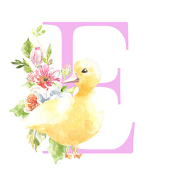 Watercolor Easter floral alphabet, cute duck spring letter E, flower bouquet illustration with peony, roses, spring greenery. Botanical monogram initials wedding stationery card, save the date, rsvp