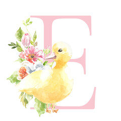 Watercolor Easter floral alphabet, cute duck spring letter E, flower bouquet illustration with peony, roses, spring greenery. Botanical monogram initials wedding stationery card, save the date, rsvp