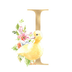 Watercolor Easter floral alphabet, cute duck spring letter I, flower bouquet illustration with peony, roses, spring greenery. Botanical monogram initials wedding stationery card, save the date, rsvp