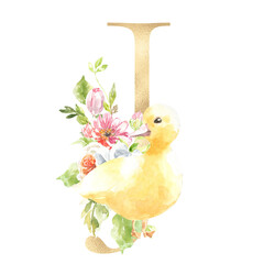 Watercolor Easter floral alphabet, cute duck spring letter J, flower bouquet illustration with peony, roses, spring greenery. Botanical monogram initials wedding stationery card, save the date, rsvp