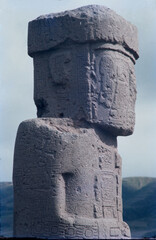The Ponce monolith, an ancient stone carving at the Tiwanaku archaeological site near La Paz,...