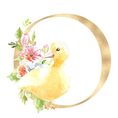 Watercolor Easter floral alphabet, cute duck spring letter O, flower bouquet illustration with peony, roses, spring greenery. Botanical monogram initials wedding stationery card, save the date, rsvp