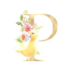 Watercolor Easter floral alphabet, cute duck spring letter P, flower bouquet illustration with peony, roses, spring greenery. Botanical monogram initials wedding stationery card, save the date, rsvp