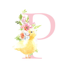 Watercolor Easter floral alphabet, cute duck spring letter P, flower bouquet illustration with peony, roses, spring greenery. Botanical monogram initials wedding stationery card, save the date, rsvp