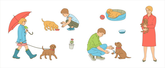 a girl walks with a puppy, a woman with canine, a boy feed a pet, man help it, puppy sleep in dog bad