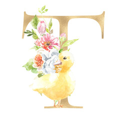 Watercolor Easter floral alphabet, cute duck spring letter T, flower bouquet illustration with peony, roses, spring greenery. Botanical monogram initials wedding stationery card, save the date, rsvp