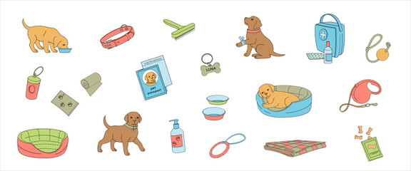 set of elements about caring for a puppy