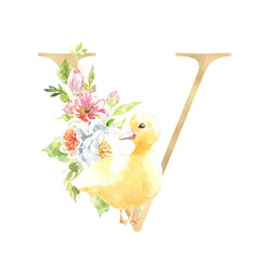 Watercolor Easter floral alphabet, cute duck spring letter V, flower bouquet illustration with peony, roses, spring greenery. Botanical monogram initials wedding stationery card, save the date, rsvp