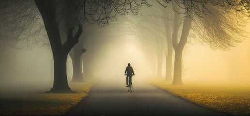 Fototapeta na wymiar Cyclist in foggy park, created with Generative AI technology