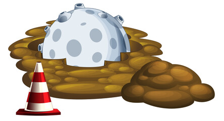 Cartoon mud hole or earth construction site and rock meteorite isolated - illustration for children © honeyflavour
