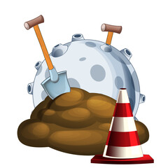 Cartoon mud hole or earth construction site and rock meteorite isolated - illustration for children