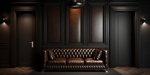 Fototapeta na wymiar Luxury dark living room interior with brown sofa mock up, modern interior background, empty black wall mockup, 3d illustration